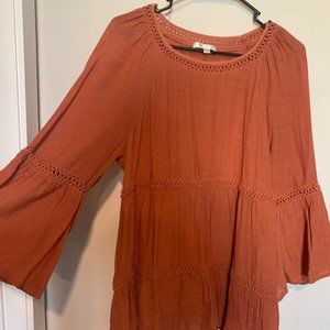 Boho Orange Top w/ Tiered Sleeve Detail